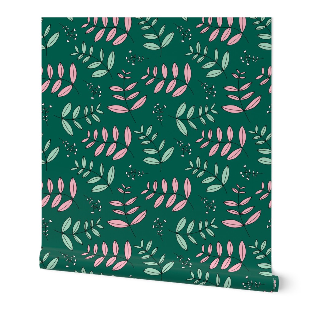 Large leaves and cotton branch botanical garden print lush green and pastel pink