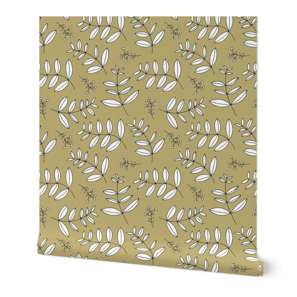 Large spring leaves and cotton branch botanical garden print soft sand beige