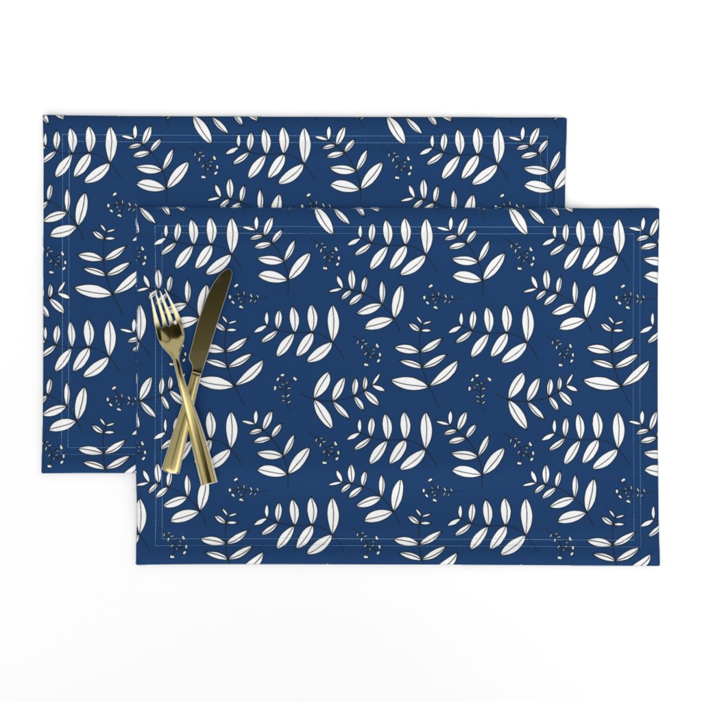 Large leaves and cotton branch botanical garden print fresh navy blue