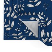 Large leaves and cotton branch botanical garden print fresh navy blue