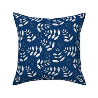 Large leaves and cotton branch botanical garden print fresh navy blue