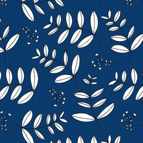 Large leaves and cotton branch botanical garden print fresh navy blue