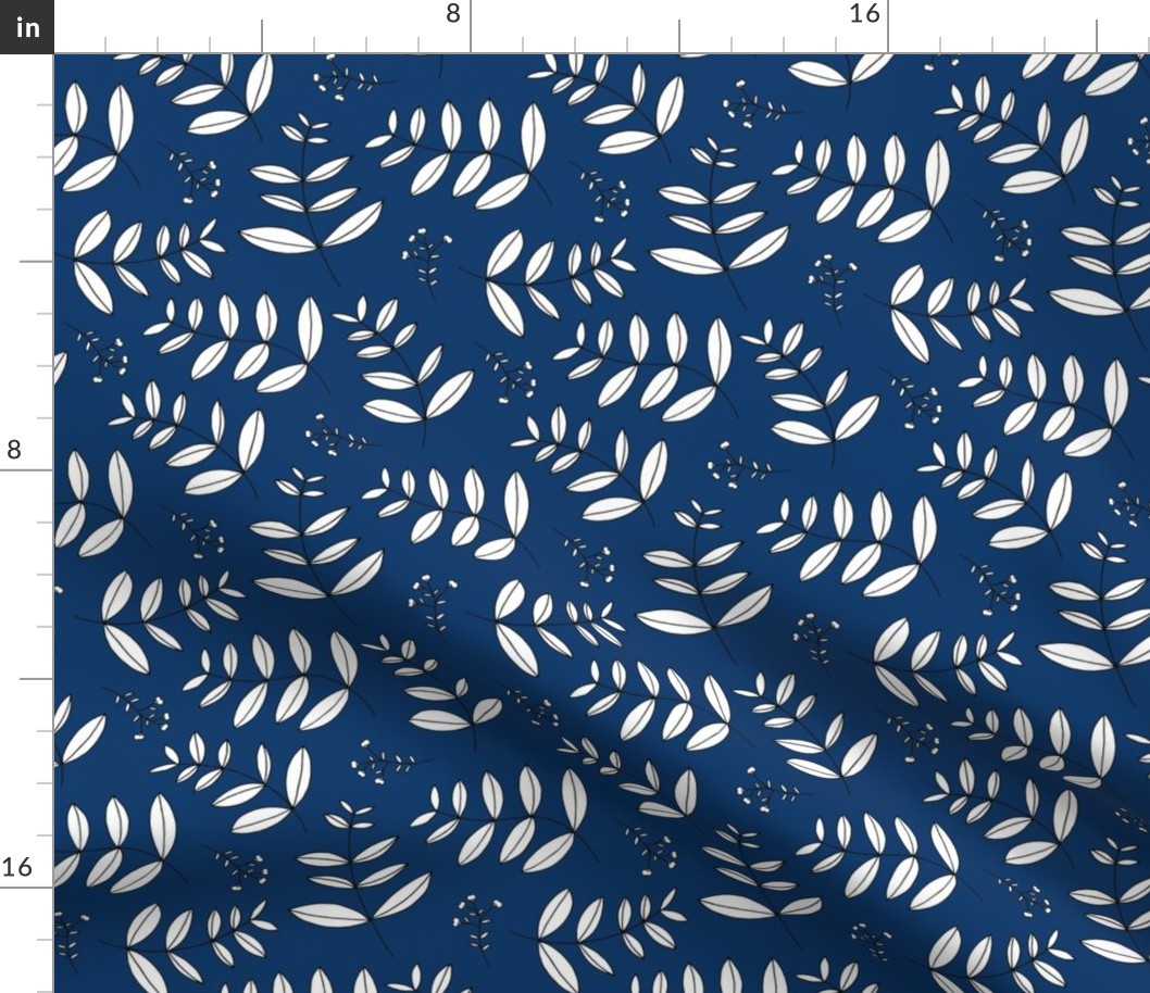 Large leaves and cotton branch botanical garden print fresh navy blue