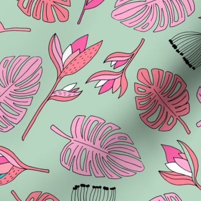 Botanical paradise flower jungle summer garden monstera leaves mint pink