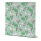 Botanical paradise flower jungle summer garden monstera leaves green