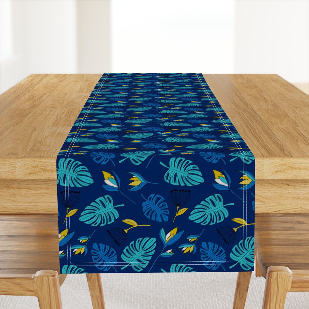 Botanical tropical paradise flower jungle summer garden monstera leaves navy blue