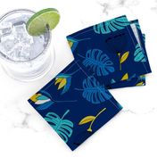 Botanical tropical paradise flower jungle summer garden monstera leaves navy blue