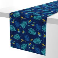 Botanical tropical paradise flower jungle summer garden monstera leaves navy blue