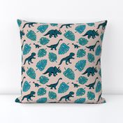 Dinosaur jungle botanical dino garden leaves kids blue teal