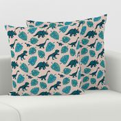 Dinosaur jungle botanical dino garden leaves kids blue teal