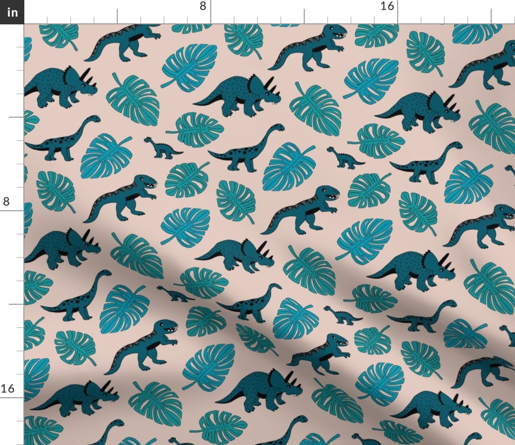 Dinosaur jungle botanical dino garden leaves kids blue teal