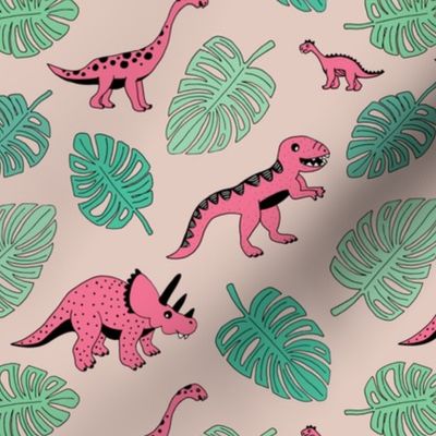 Dinosaur jungle botanical dino garden leaves girls pink and mint