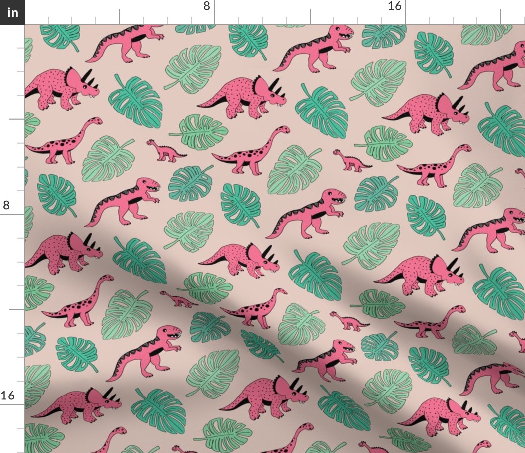 Dinosaur jungle botanical dino garden leaves girls pink and mint