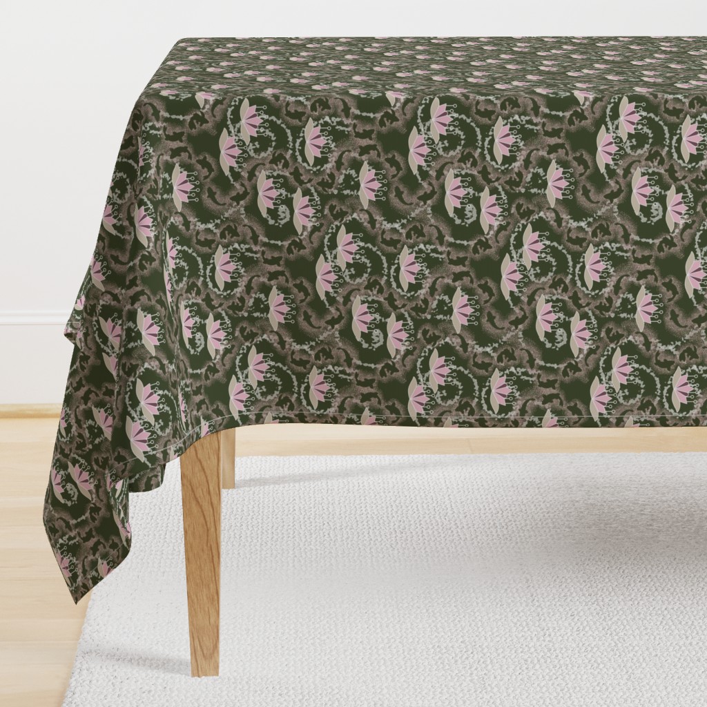 Koi Pond with Lotus Blossom in Olive Green and Pink