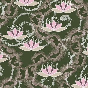 Koi Pond with Lotus Blossom in Olive Green and Pink