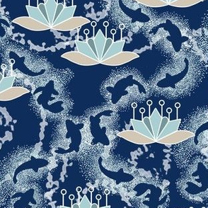 Lotus Blossoms and Koi Pond in Blue