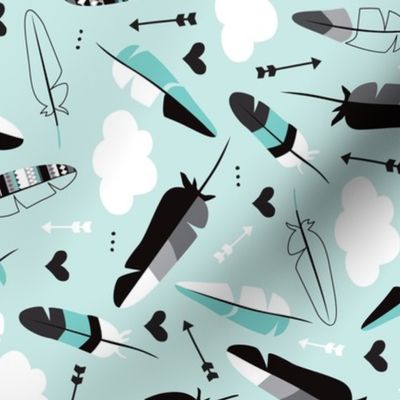 Geometric feathers pastel arrows and clouds illustration pattern rotated