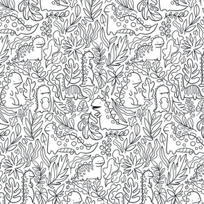 Tropical leaves and ancient dinosaurs design. Cute dino pattern.