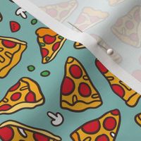 Funny pizza pattern. Cartoon Italian food design. Mint