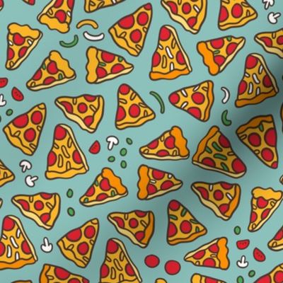 Funny pizza pattern. Cartoon Italian food design. Mint