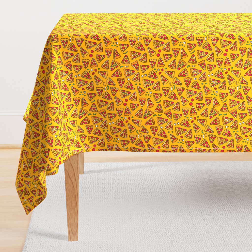 Funny pizza pattern. Cartoon Italian food design. Yellow Orange.