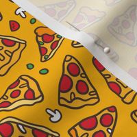 Funny pizza pattern. Cartoon Italian food design. Yellow Orange.