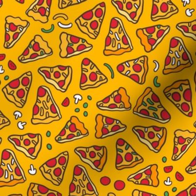 Funny pizza pattern. Cartoon Italian food design. Yellow Orange.