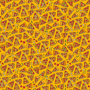 Funny pizza pattern. Cartoon Italian food design. Yellow Orange.