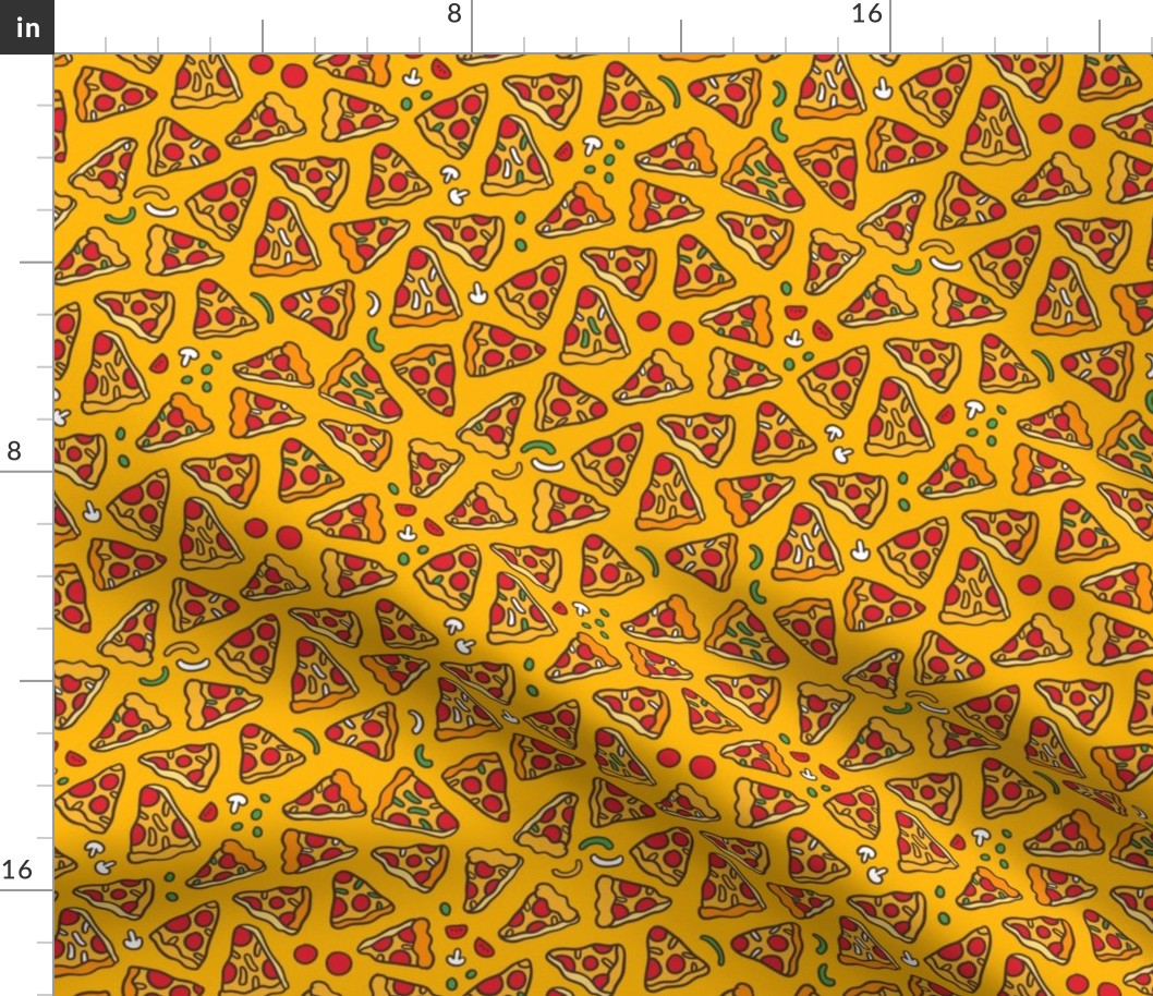 Funny pizza pattern. Cartoon Italian food design. Yellow Orange.