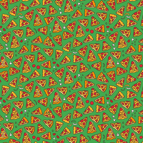 Funny pizza pattern. Cartoon Italian food design. Green