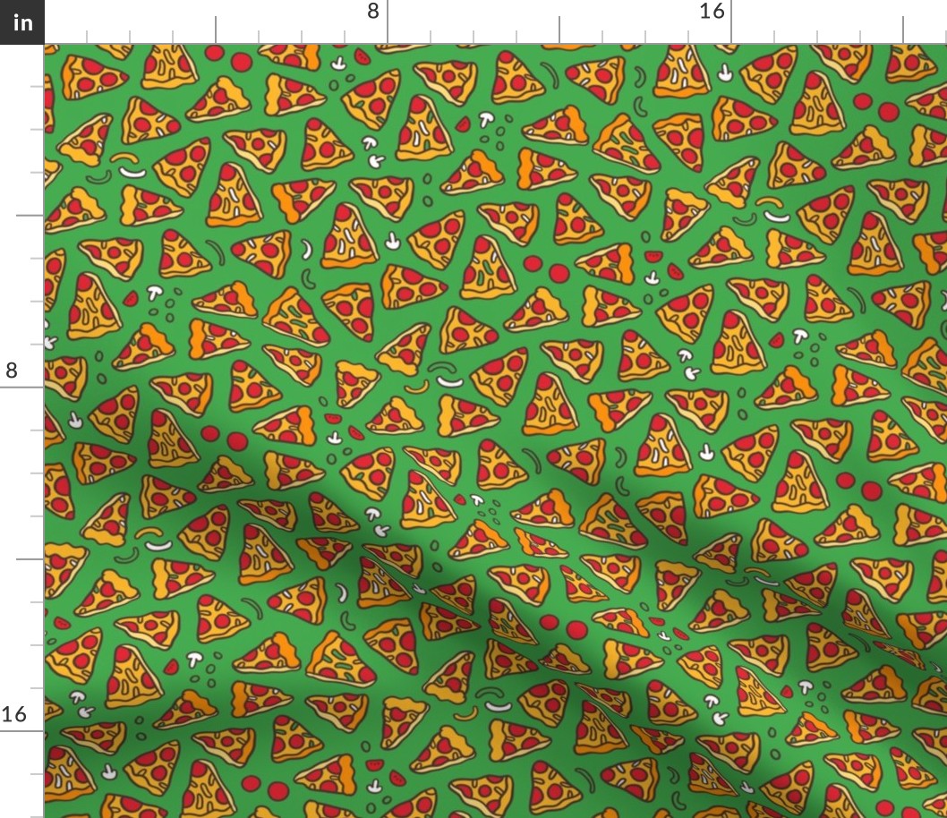 Funny pizza pattern. Cartoon Italian food design. Green