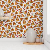 Funny pizza pattern. Cartoon Italian food design. Grey
