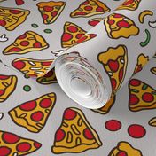 Funny pizza pattern. Cartoon Italian food design. Grey