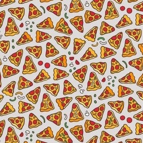 Funny pizza pattern. Cartoon Italian food design. Grey