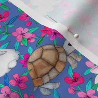 Tortoises, Baby Bunnies and Blossoms on Blue Purple