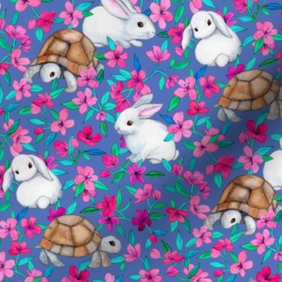 Tortoises, Baby Bunnies and Blossoms on Blue Purple