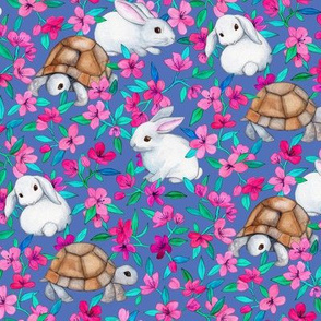 Tortoises, Baby Bunnies and Blossoms on Blue Purple