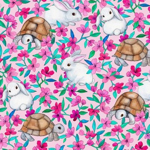 Tortoises, Baby Bunnies and Blossoms on Blush Pink