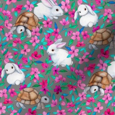 Tortoises, Baby Bunnies and Blossoms on Grey