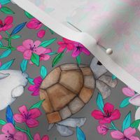 Tortoises, Baby Bunnies and Blossoms on Grey