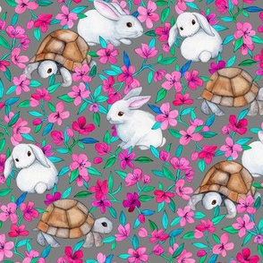Tortoises, Baby Bunnies and Blossoms on Grey