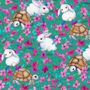 Tortoises, Baby Bunnies and Blossoms on Deep Teal Green