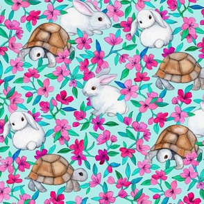 Tortoises, Baby Bunnies and Blossoms on Light Turquoise