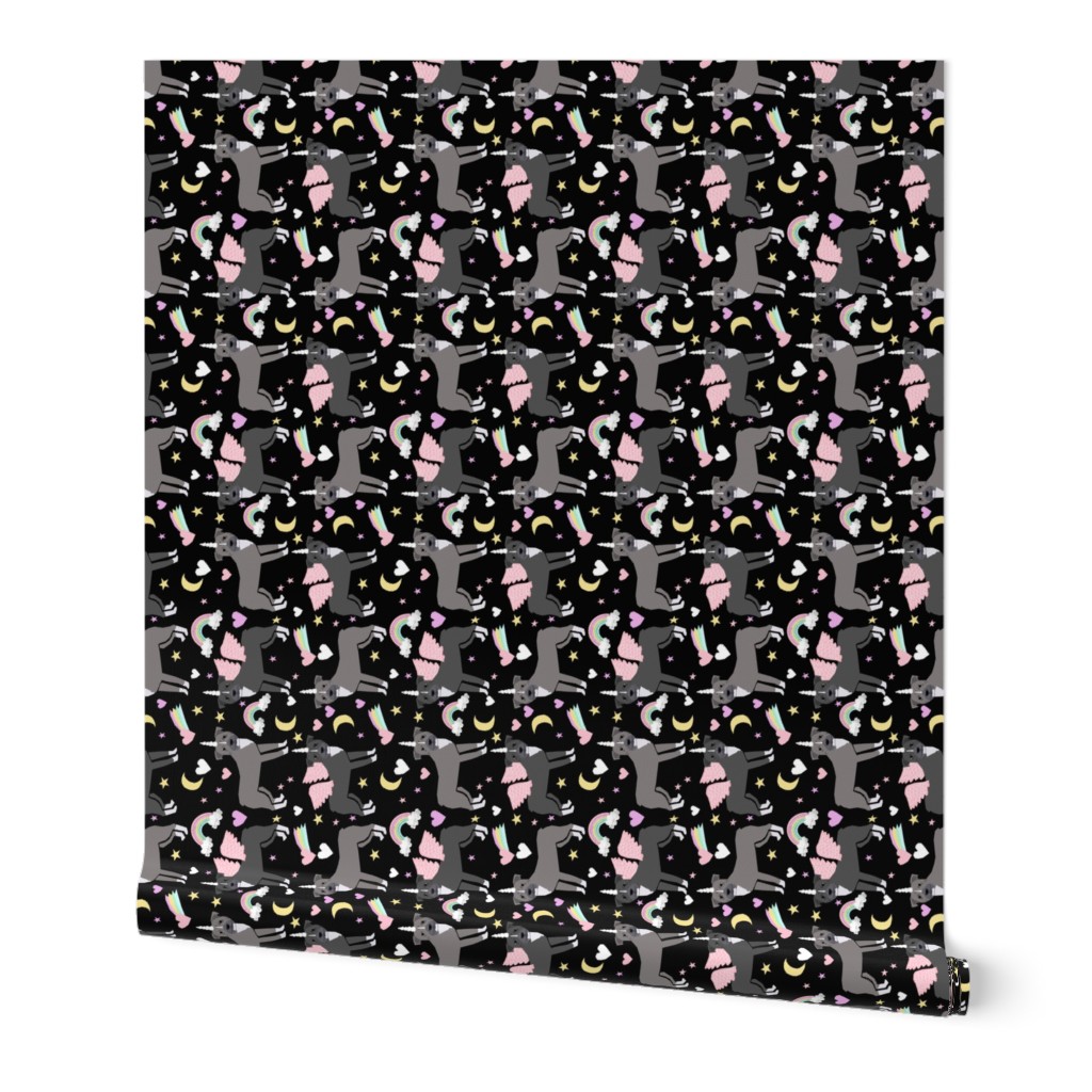 pitbull unicorn fabric - pastel rainbow cute pitbulls pegasus - black (railroad)