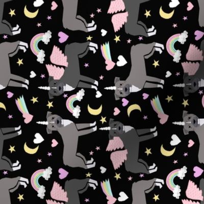 pitbull unicorn fabric - pastel rainbow cute pitbulls pegasus - black (railroad)