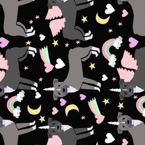 pitbull unicorn fabric - pastel rainbow cute pitbulls pegasus - black (railroad)