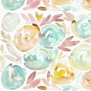 loose abstract spring watercolor florals aqua and yellow 