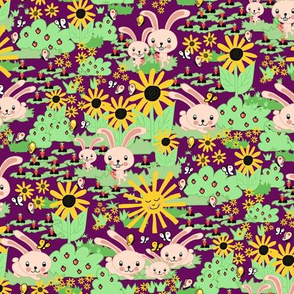 Bunnies on a field with bushes, carrots, sun, butterflies and flowers on a purple background.