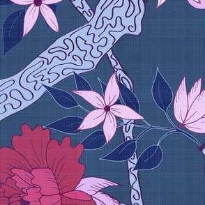 Peony Branch plum and red on Blue