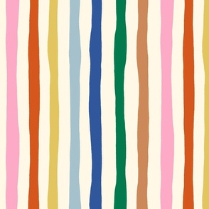 Organic Rainbow Stripe Design: colorful imperfect vertical stripes on cream background.